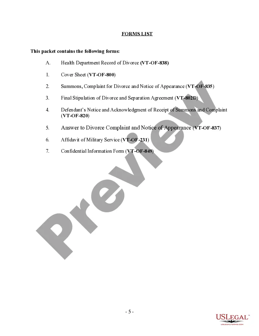 Preview Vermont No-Fault Agreed Uncontested Divorce Package for Dissolution of Marriage for Persons with No Children with or without Property and Debts
