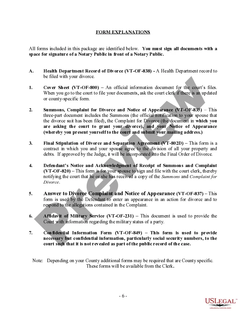 Preview Vermont No-Fault Agreed Uncontested Divorce Package for Dissolution of Marriage for Persons with No Children with or without Property and Debts