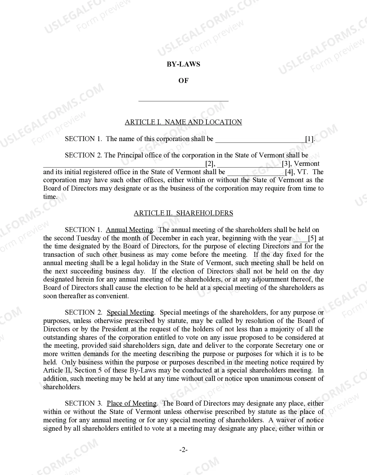 Preview Vermont Bylaws for Corporation