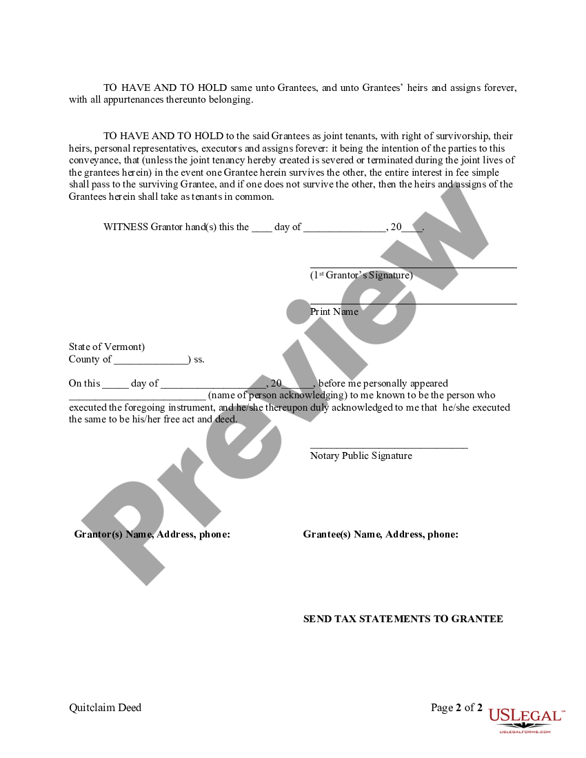 Vermont Quitclaim Deed from Individual to Husband and Wife - Vermont ...