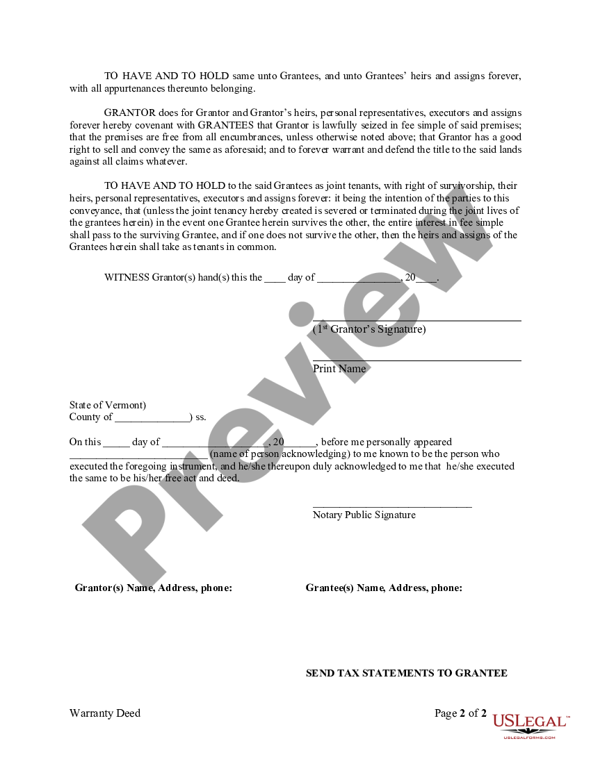 Vermont Warranty Deed from Individual to Husband and Wife | US Legal Forms