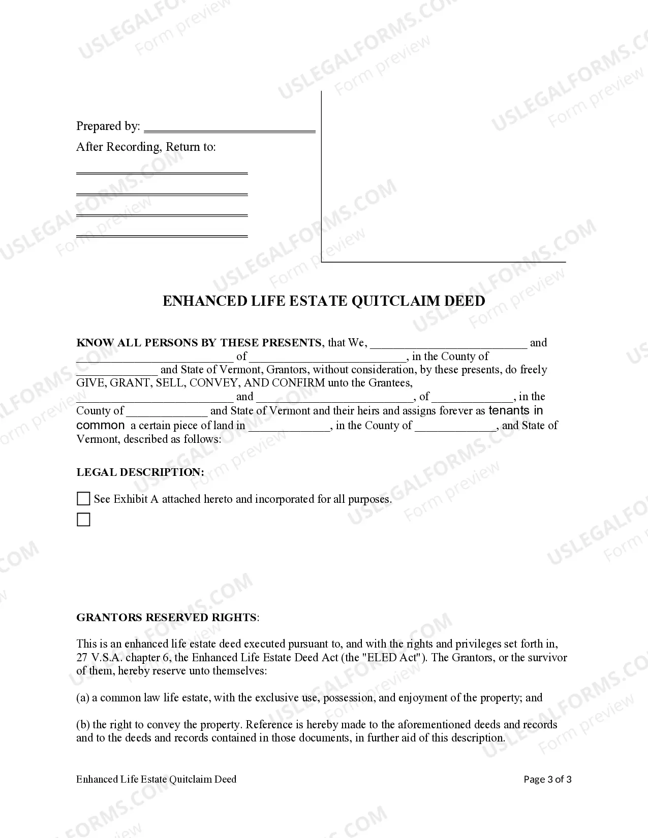 Preview Vermont Enhanced Life Estate Quitclaim Deed