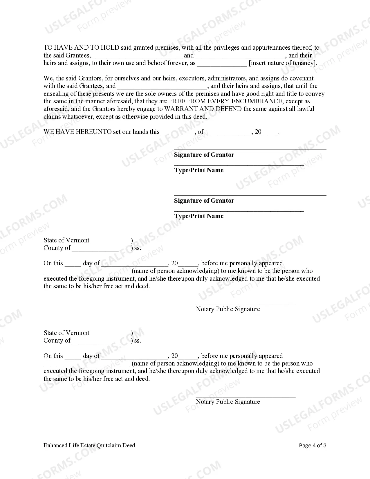 Preview Vermont Enhanced Life Estate Quitclaim Deed