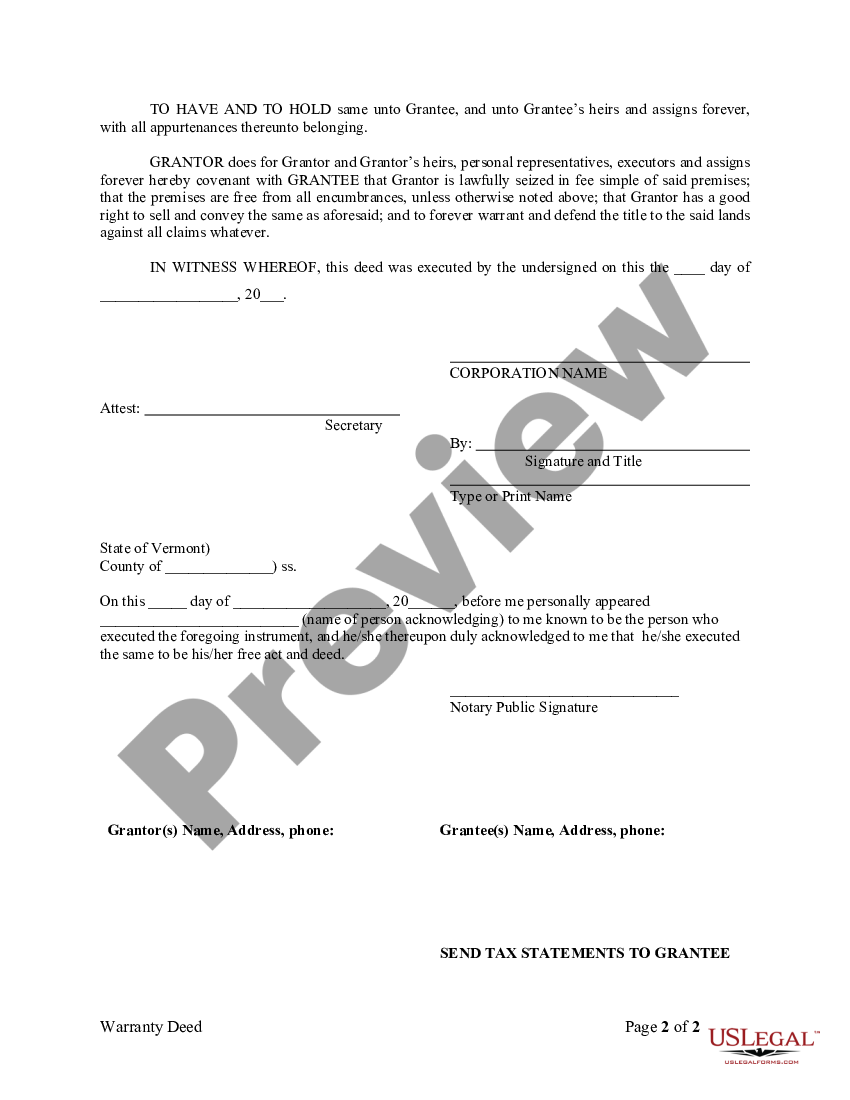 Vermont Warranty Deed from Corporation to Individual - Special Warranty ...