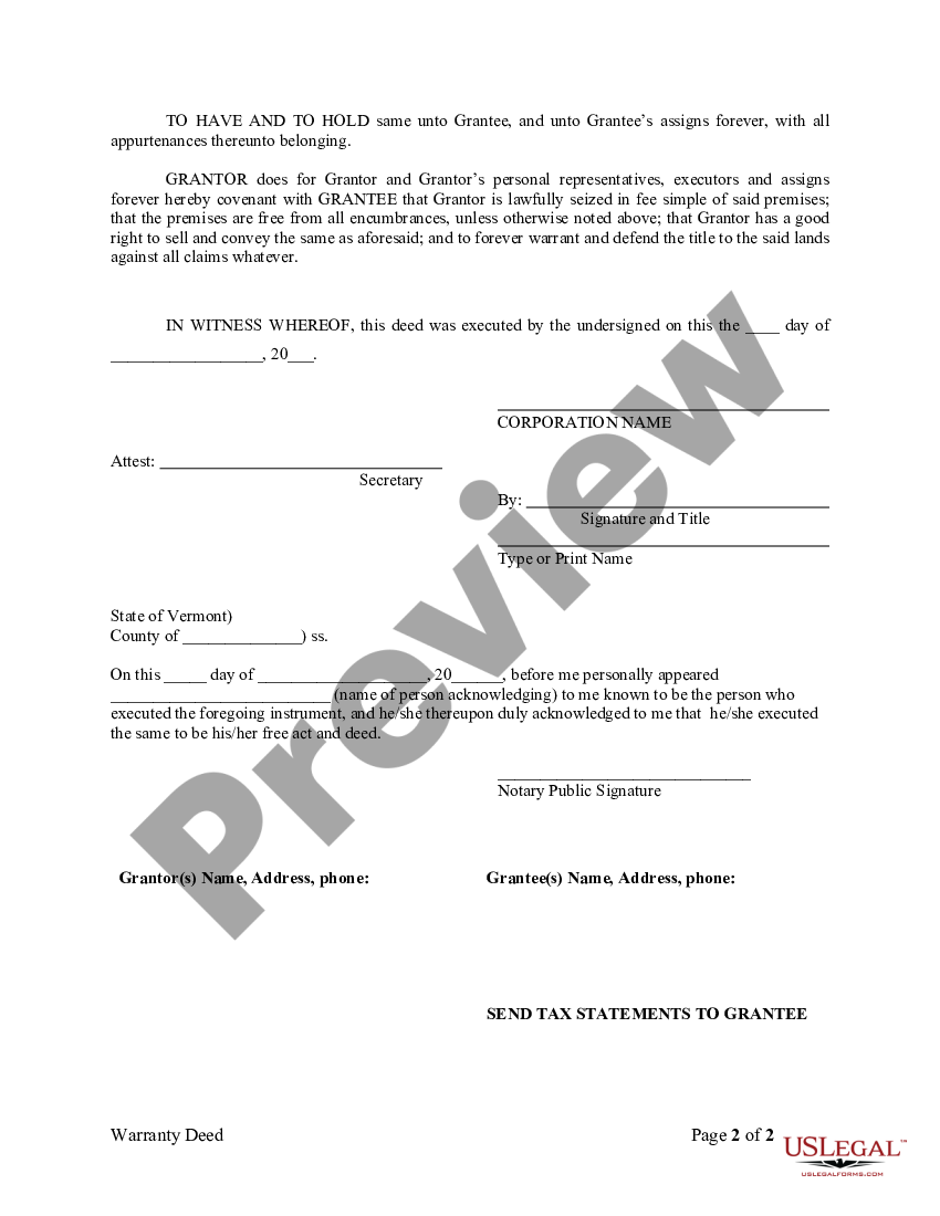 Vermont Warranty Deed From Corporation To Corporation 