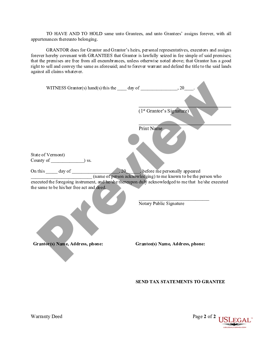 Vermont Warranty Deed from Husband to Himself and Wife - What Does A ...