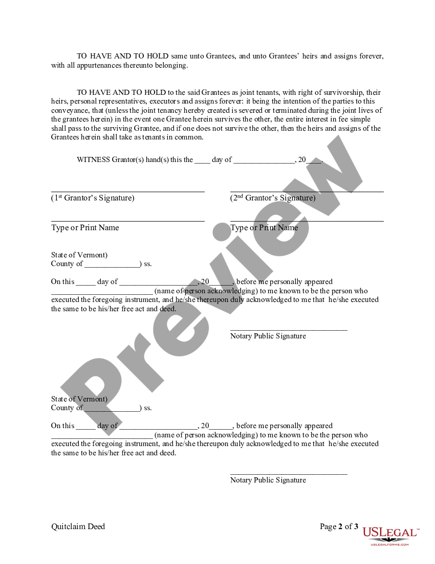 Vermont Quitclaim Deed from Husband and Wife to Husband and Wife ...