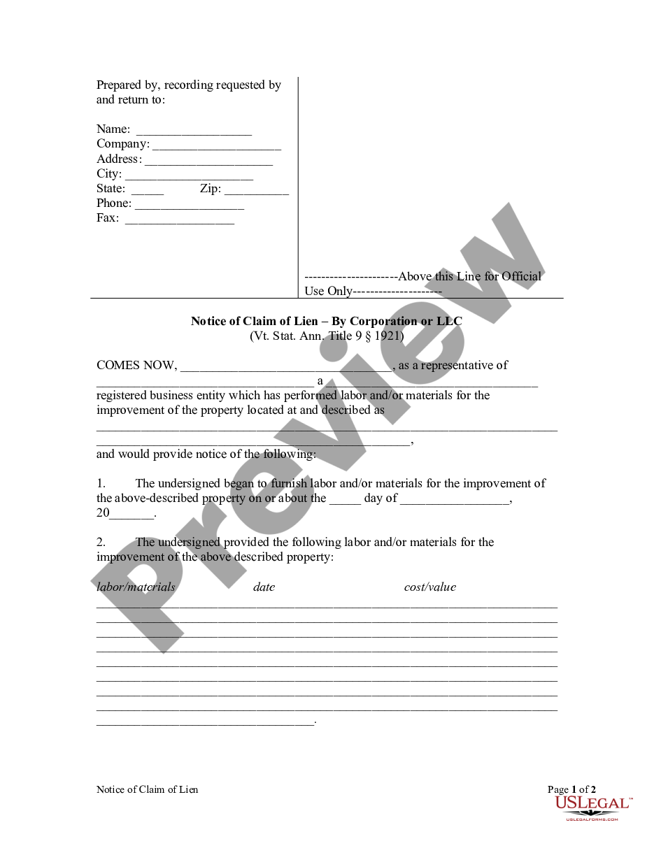 page 0 Notice of Lien by Corporation or LLC preview