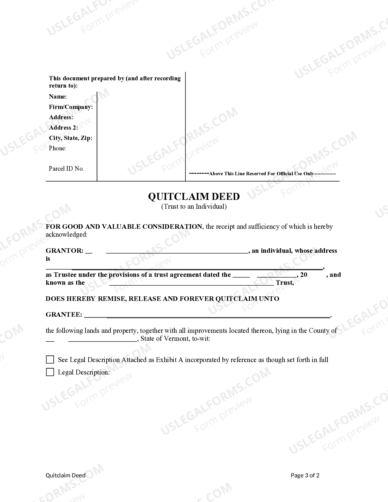 Vermont Quitclaim Deed Form US Legal Forms