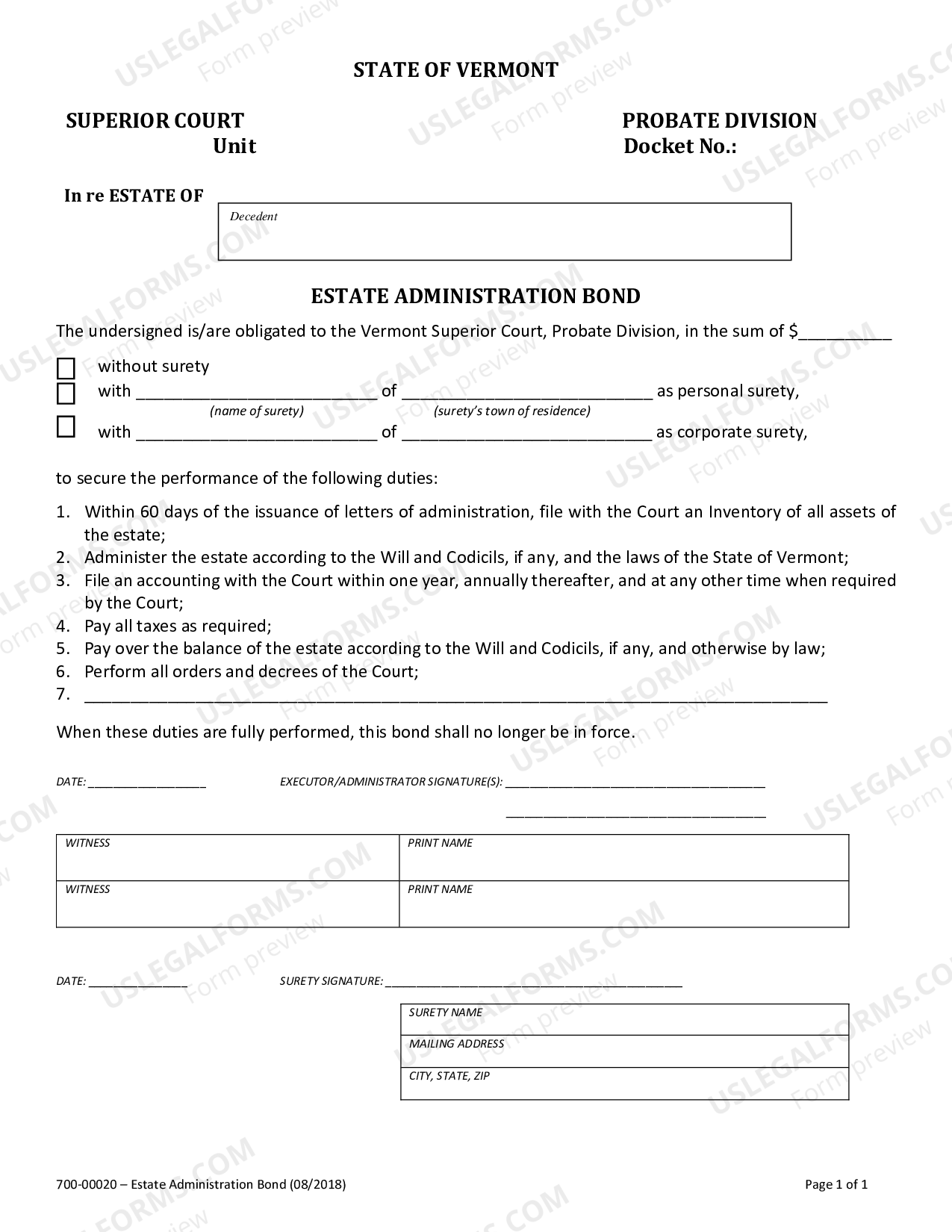 Vermont Estate Administration Bond Administration Bond US Legal Forms