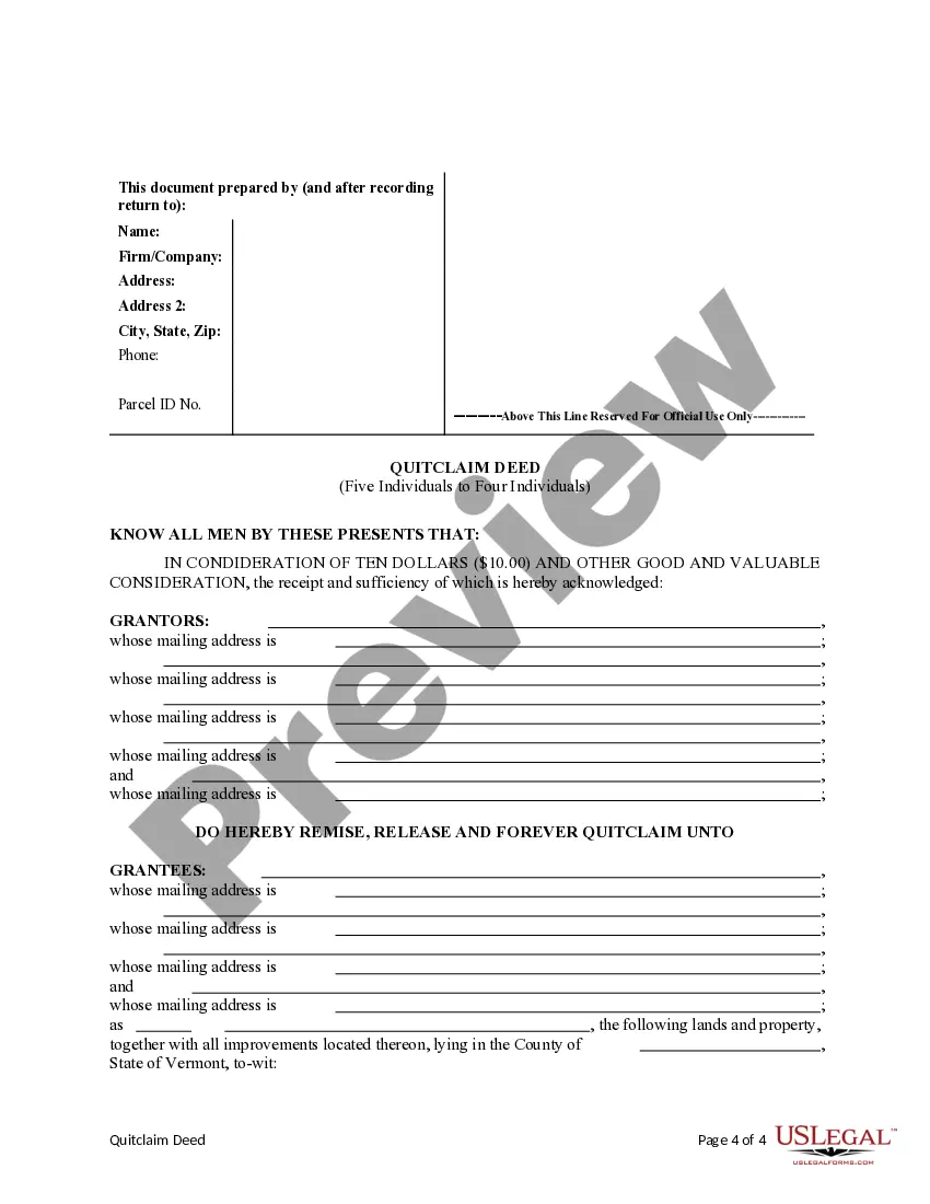 Preview Quitclaim Deed from Five Individuals to Four Individuals