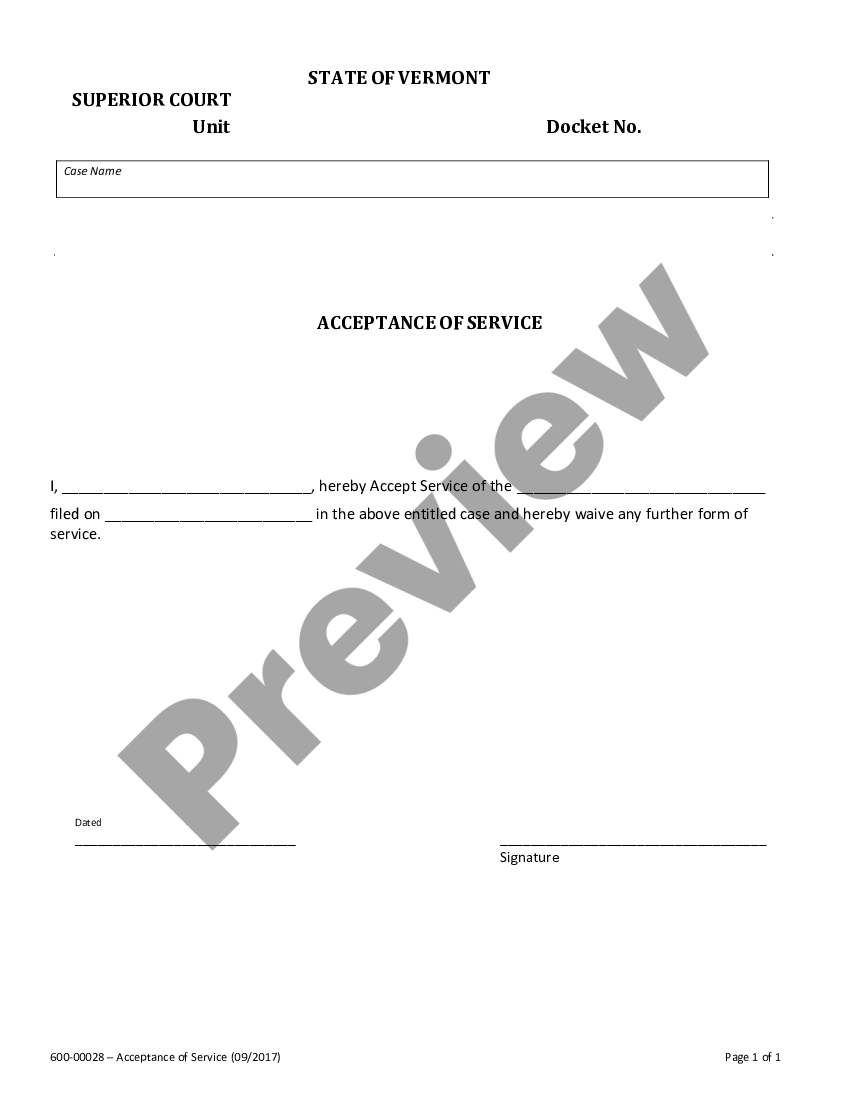 Vermont Acceptance of Service US Legal Forms