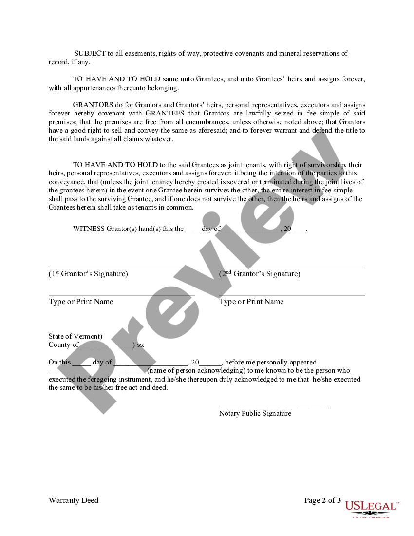 Vermont Warranty Deed From Two Individuals To Husband And Wife 