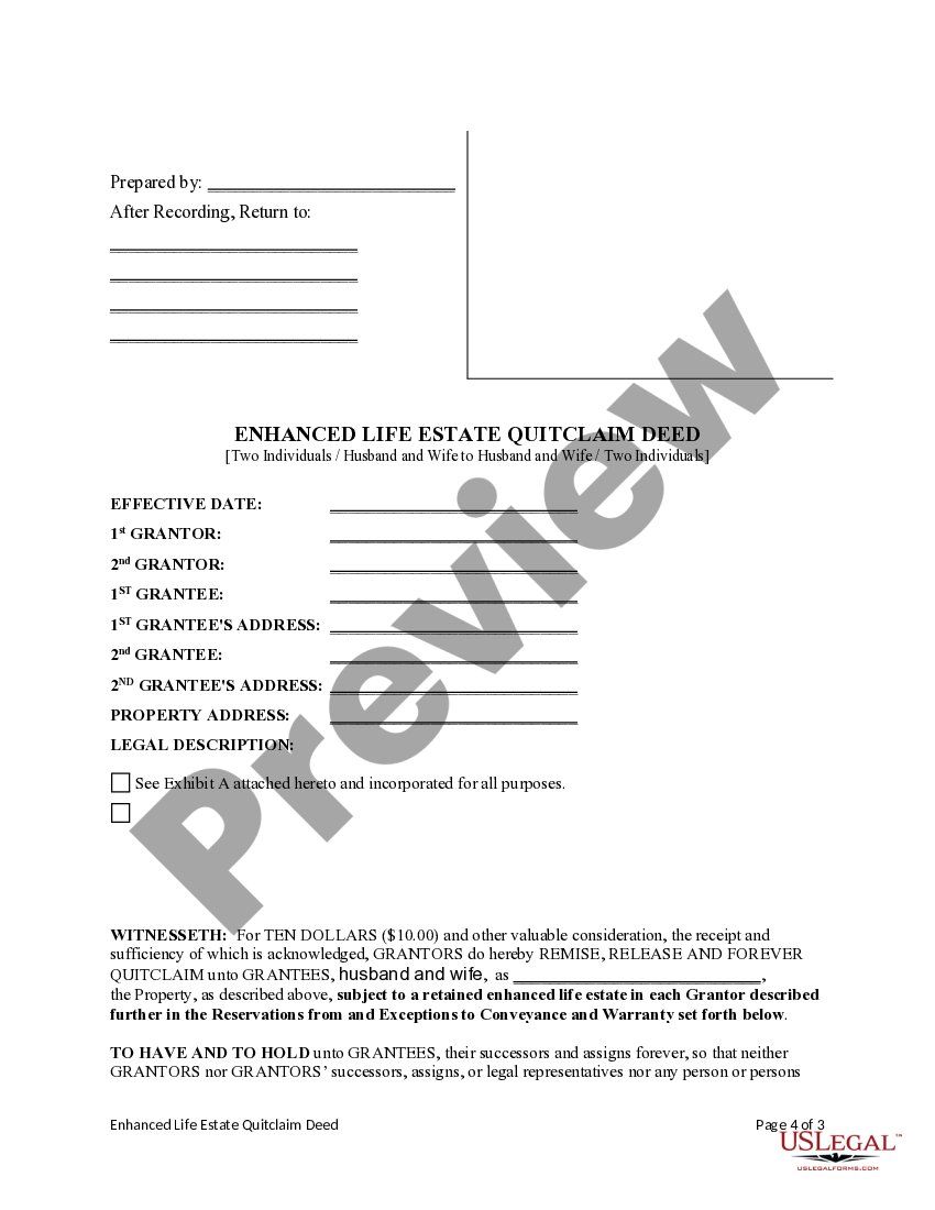 Vermont Enhanced Life Estate Deed (a.k.a. Lady Bird Deed) from two individuals / husband and