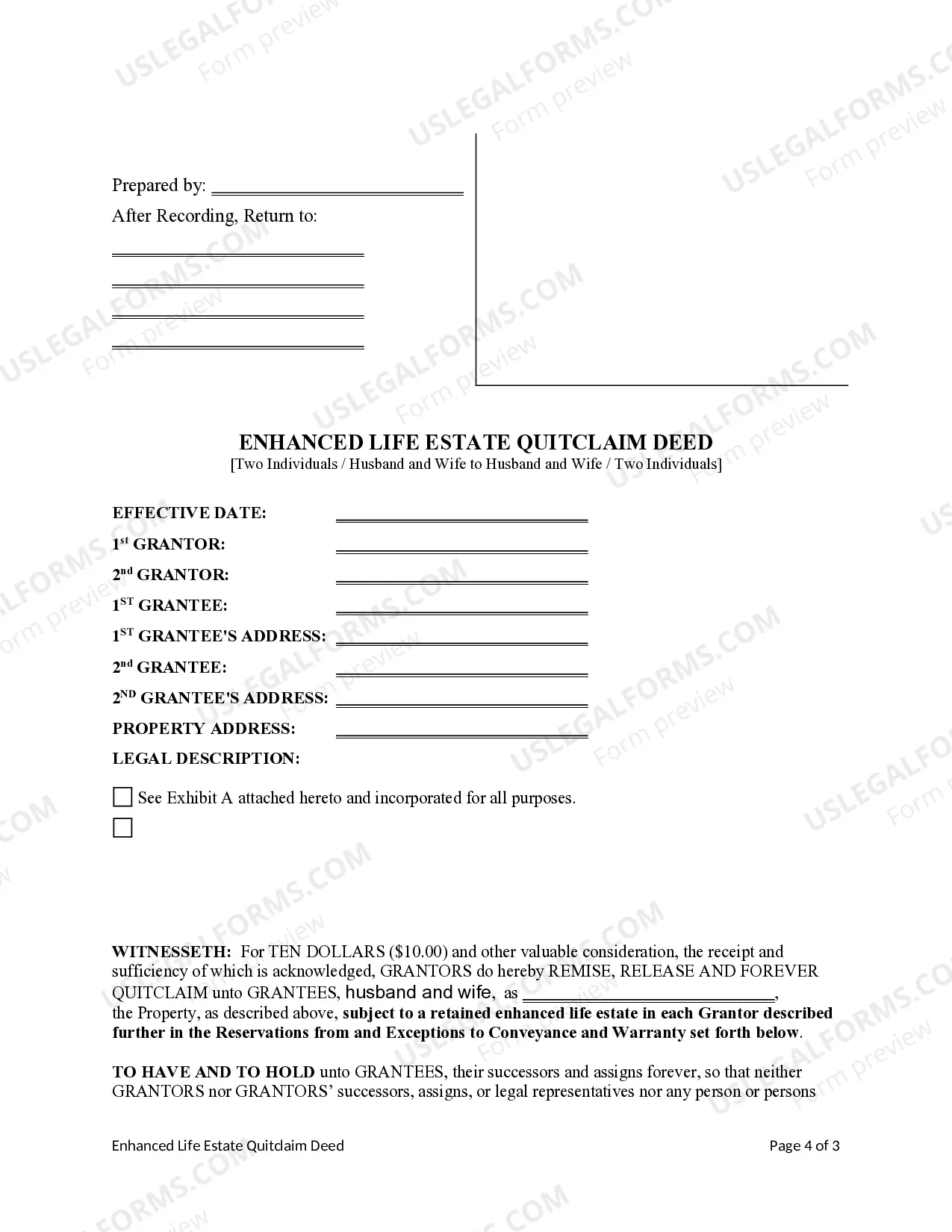 Preview Enhanced Life Estate Deed (a.k.a. Lady Bird Deed) from two individuals / husband and wife to two individuals / husband and wife.
