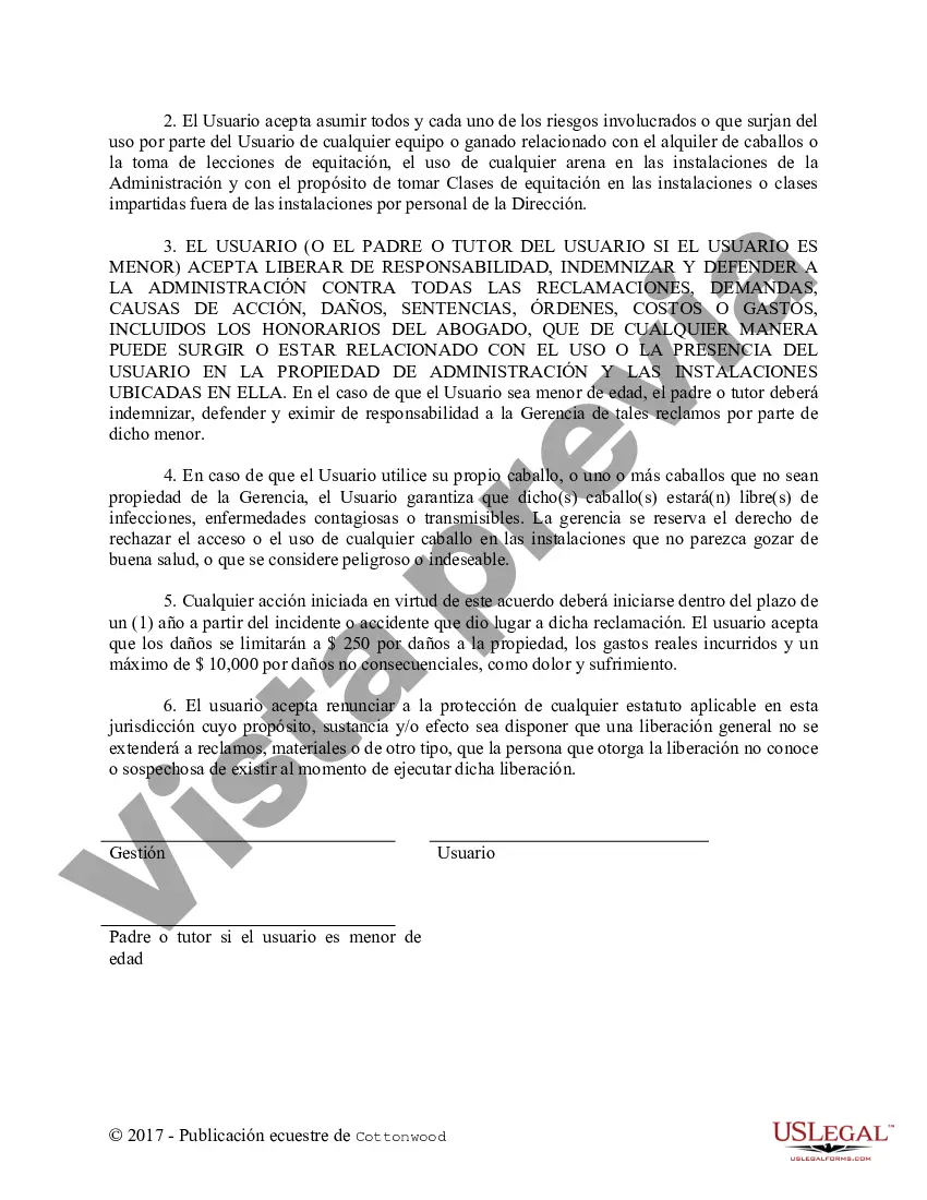 Preview Lección, alquiler o arrendamiento de caballos y liberación del uso de la arena - Formularios equinos de caballos