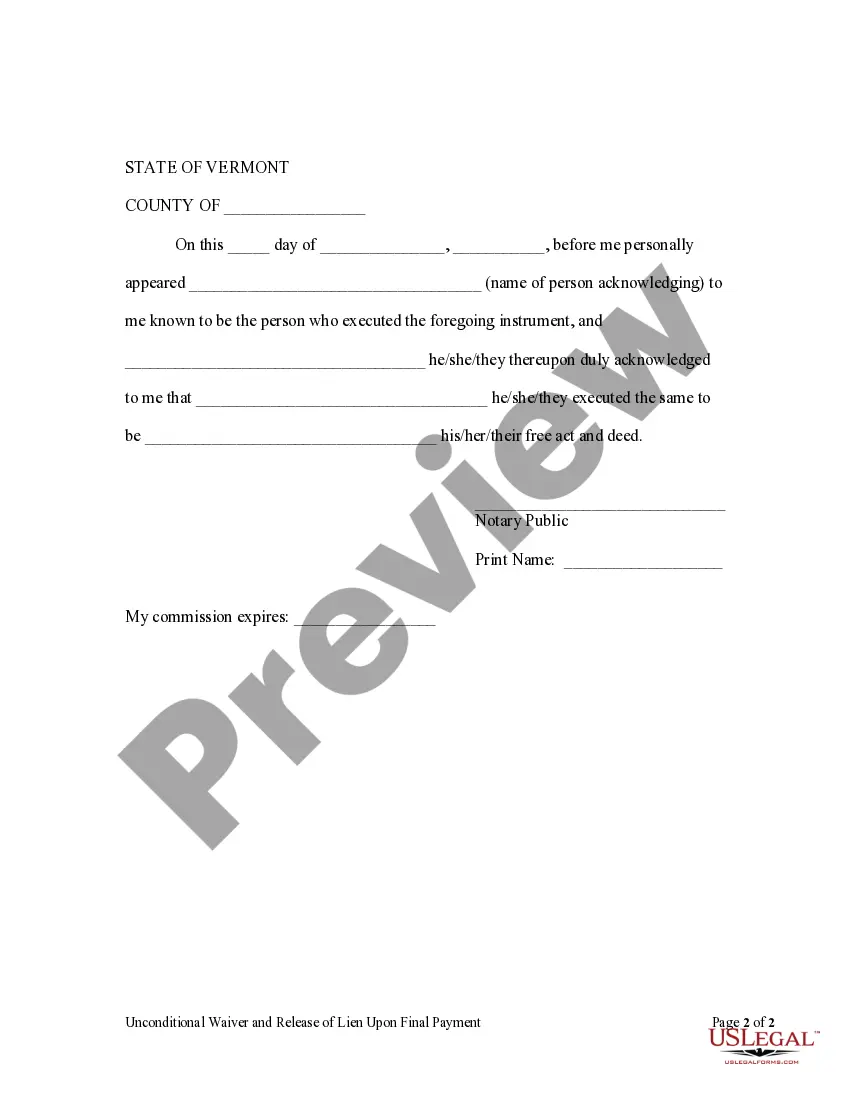 Preview Unconditional Waiver and Release of Claim of Lien Upon Final Payment