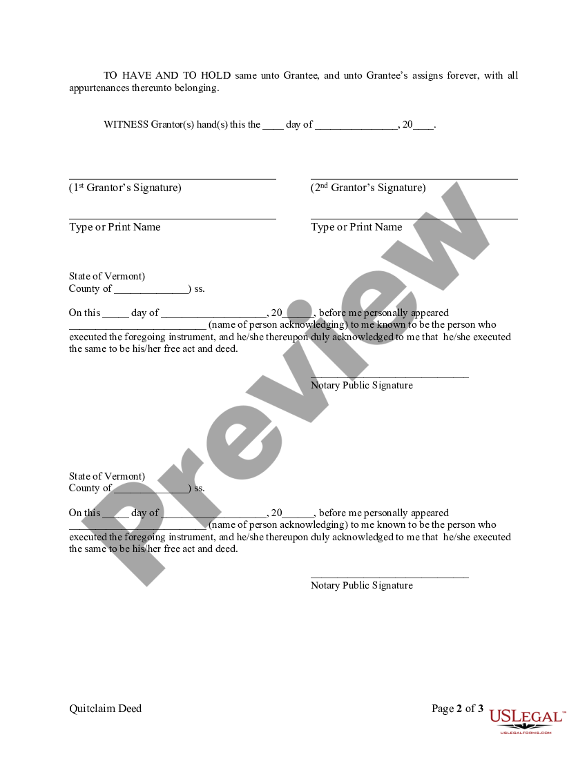 Vermont Quitclaim Deed from Husband and Wife to Corporation - Vermont ...