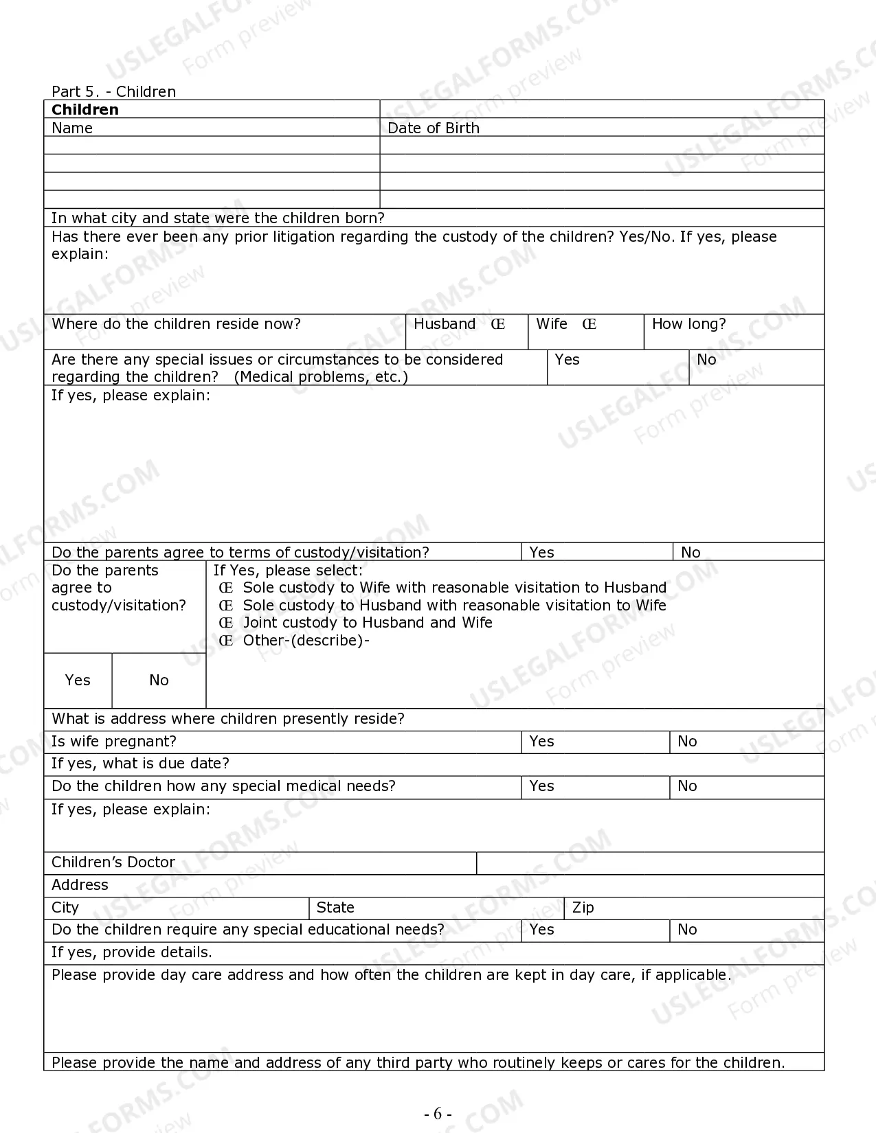 Preview Divorce Worksheet and Law Summary for Contested or Uncontested Case of over 25 pages - Ideal Client Interview Form