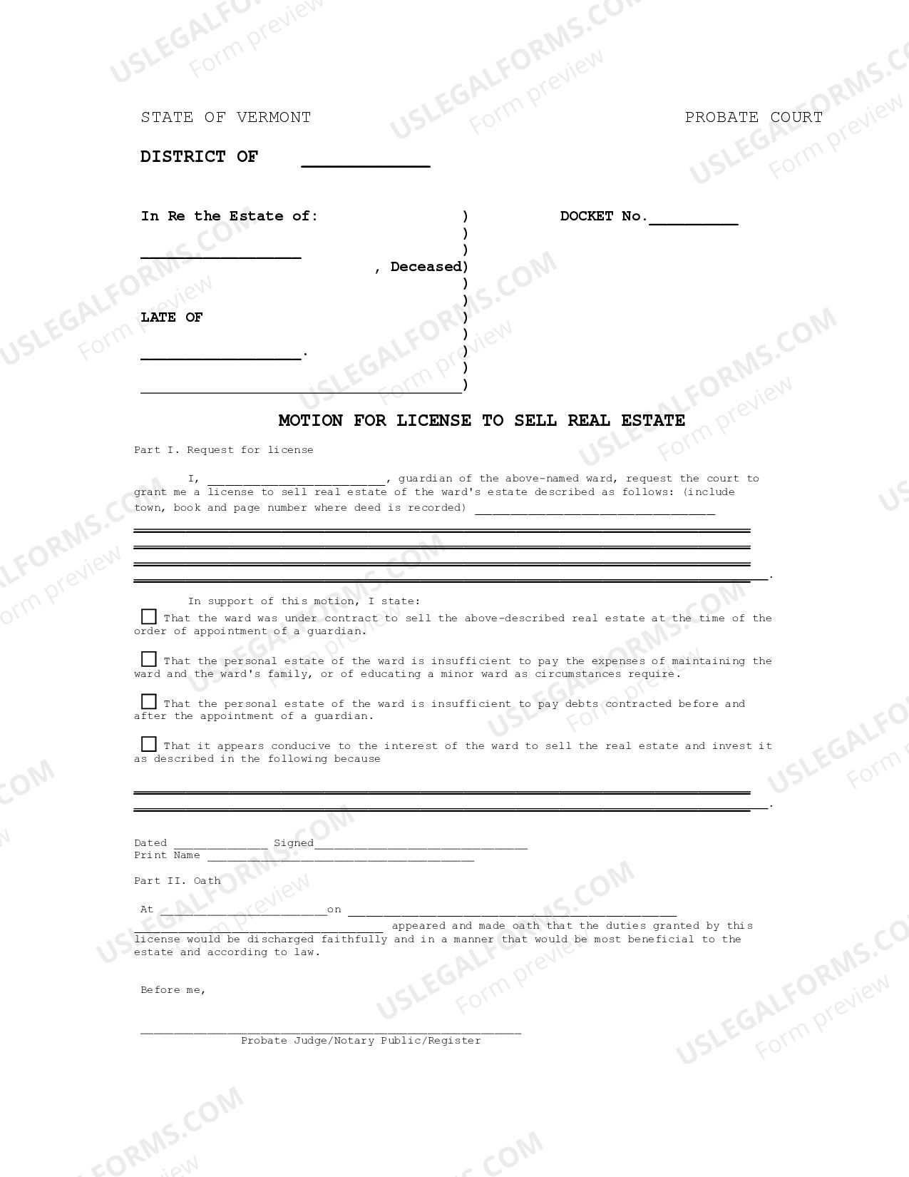 Vermont Motion for License to Sell Real Estate US Legal Forms