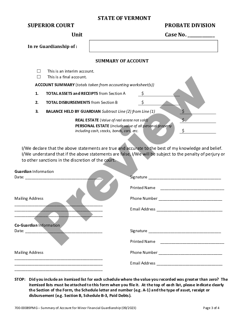 Vermont Summary of Account of Guardian | US Legal Forms