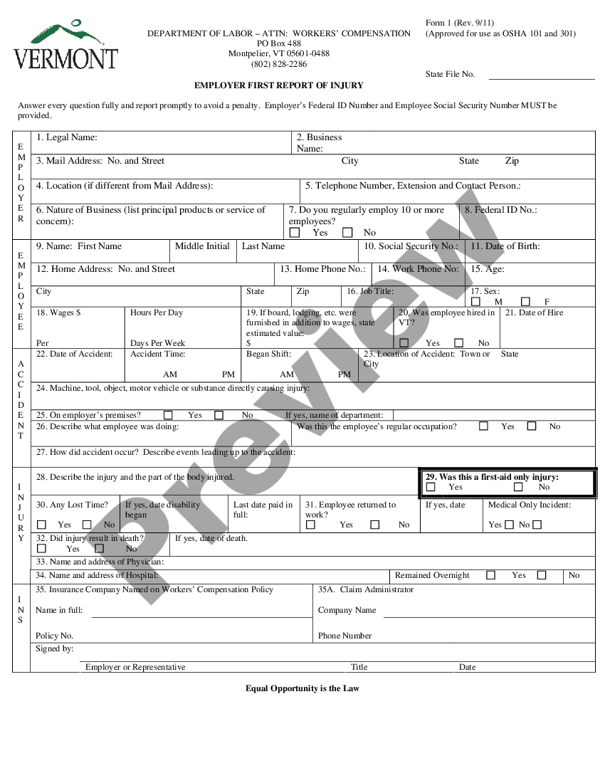 Vermont First Report Of Injury Form | US Legal Forms