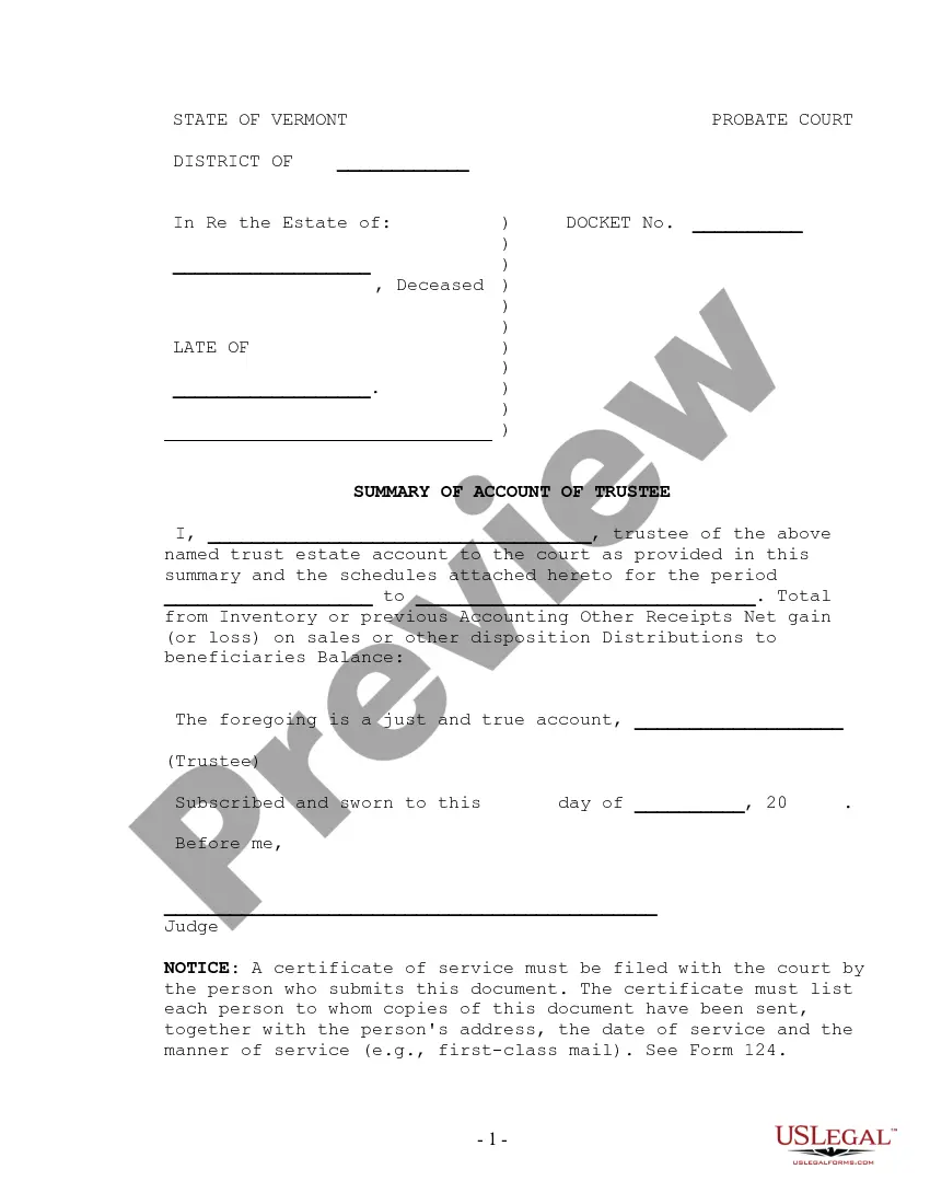 Vermont Summary of Account of Trustee - Alternate Form - Request Letter ...