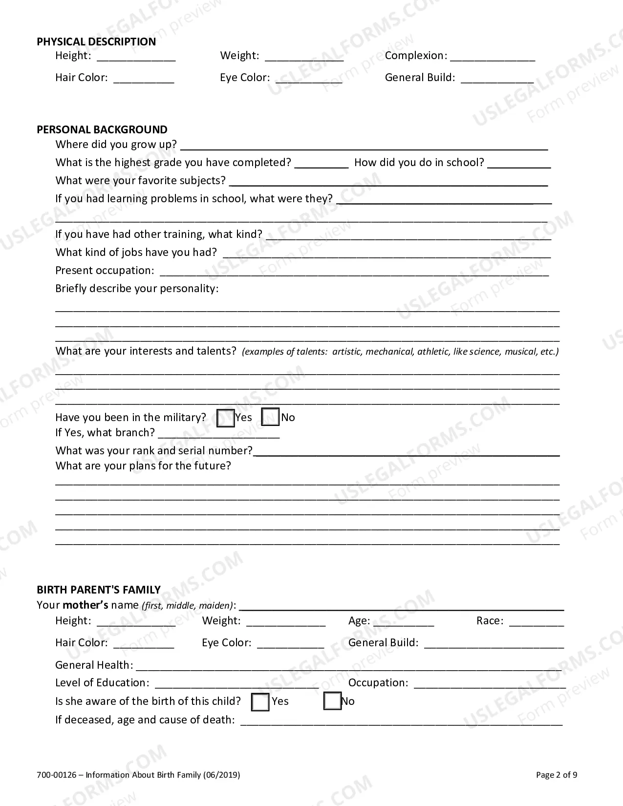 Preview Information About Birth Family