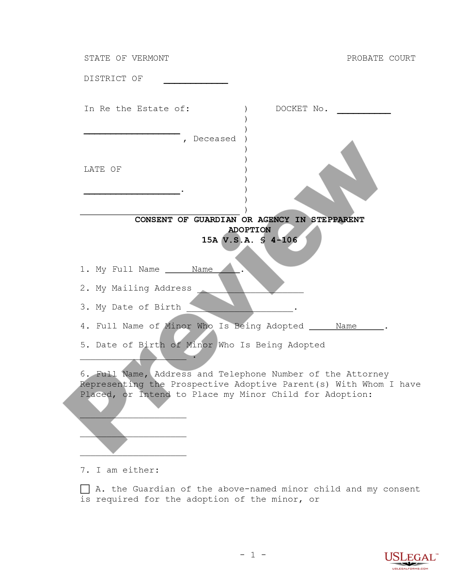 page 0 Consent of Guardian or Agency in Stepparent Adoption preview