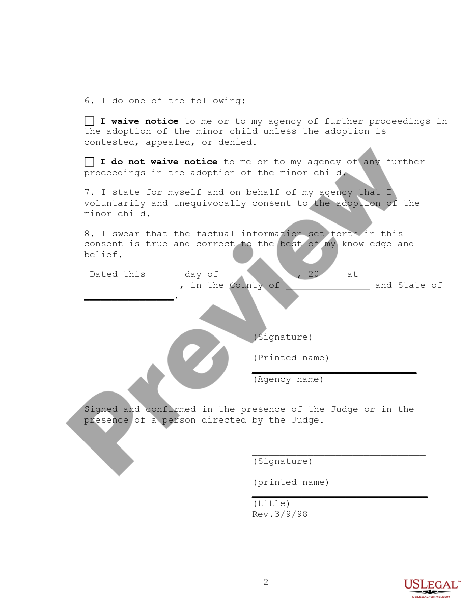 page 1 Consent Of Agency In Nonstepparent Adoption preview
