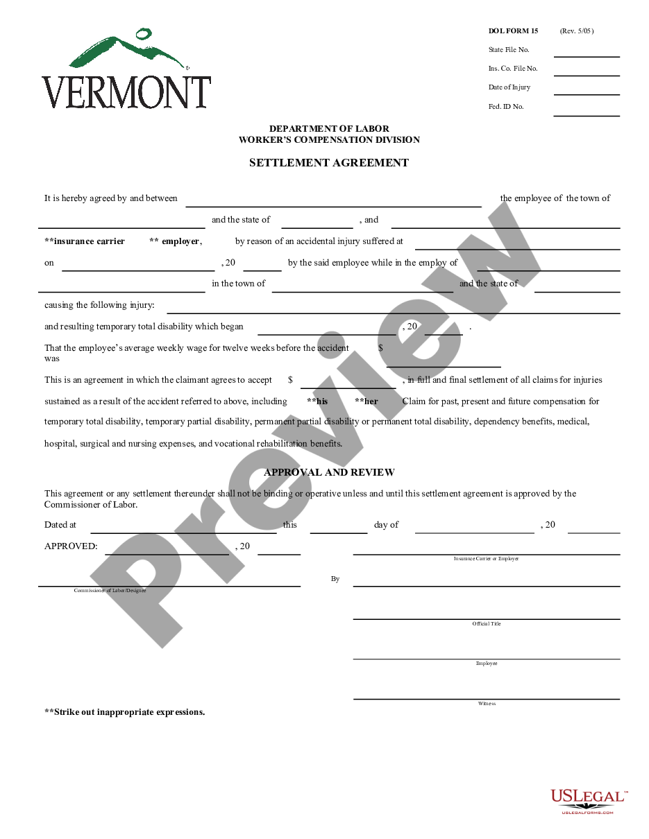 form Settlement Agreement - Workers' Compensation preview
