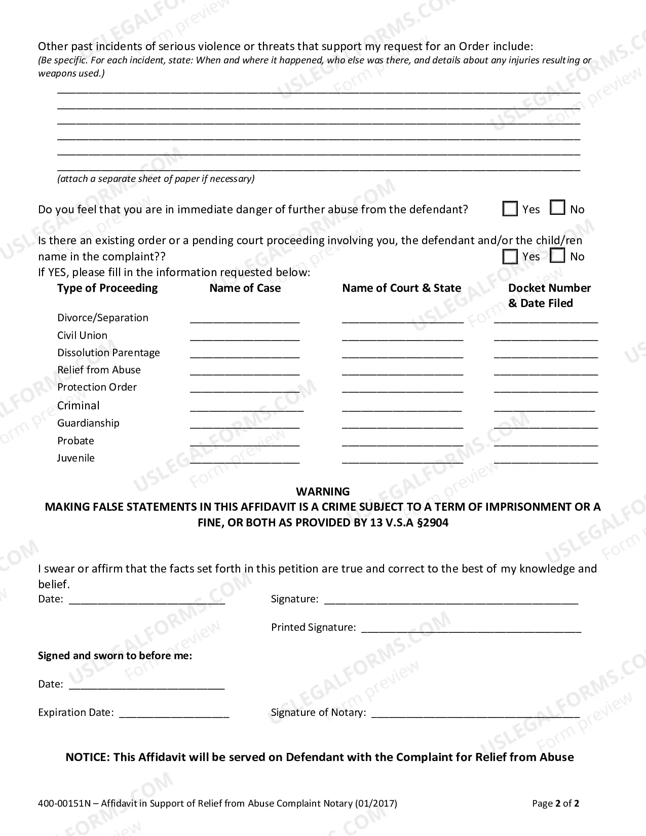 Preview Affidavit in Support of Request for Emergency Relief From Abuse