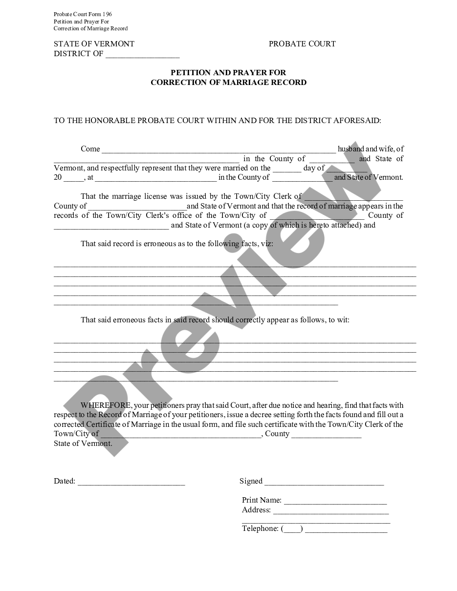 form Petition and Prayer for Correction of Marriage Record preview