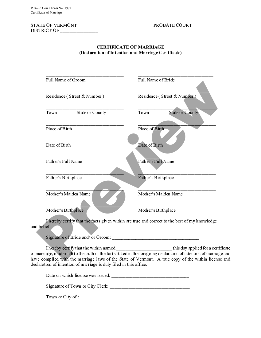 Vermont Certificate of Marriage What Is The Declaration Of Intent In