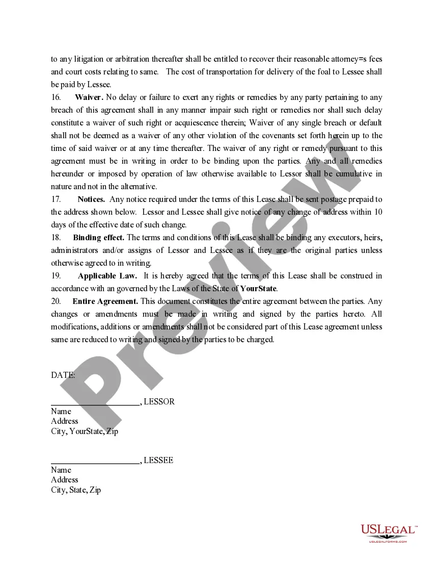 Preview Vermont Brood Mare Lease Agreement