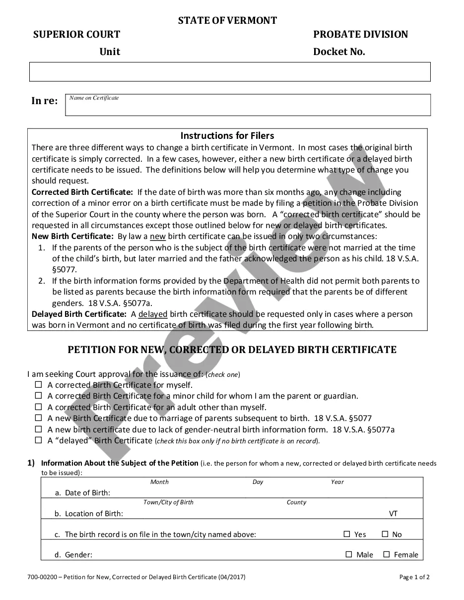 Vermont Petition for Correction of Birth Certificate US Legal Forms