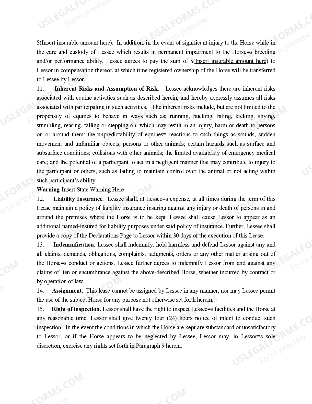 Equine Lease Agreement Template With Option To Purchase US Legal Forms