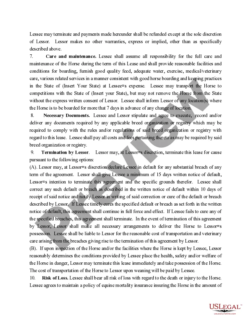 Preview Performance Horse Lease Agreement