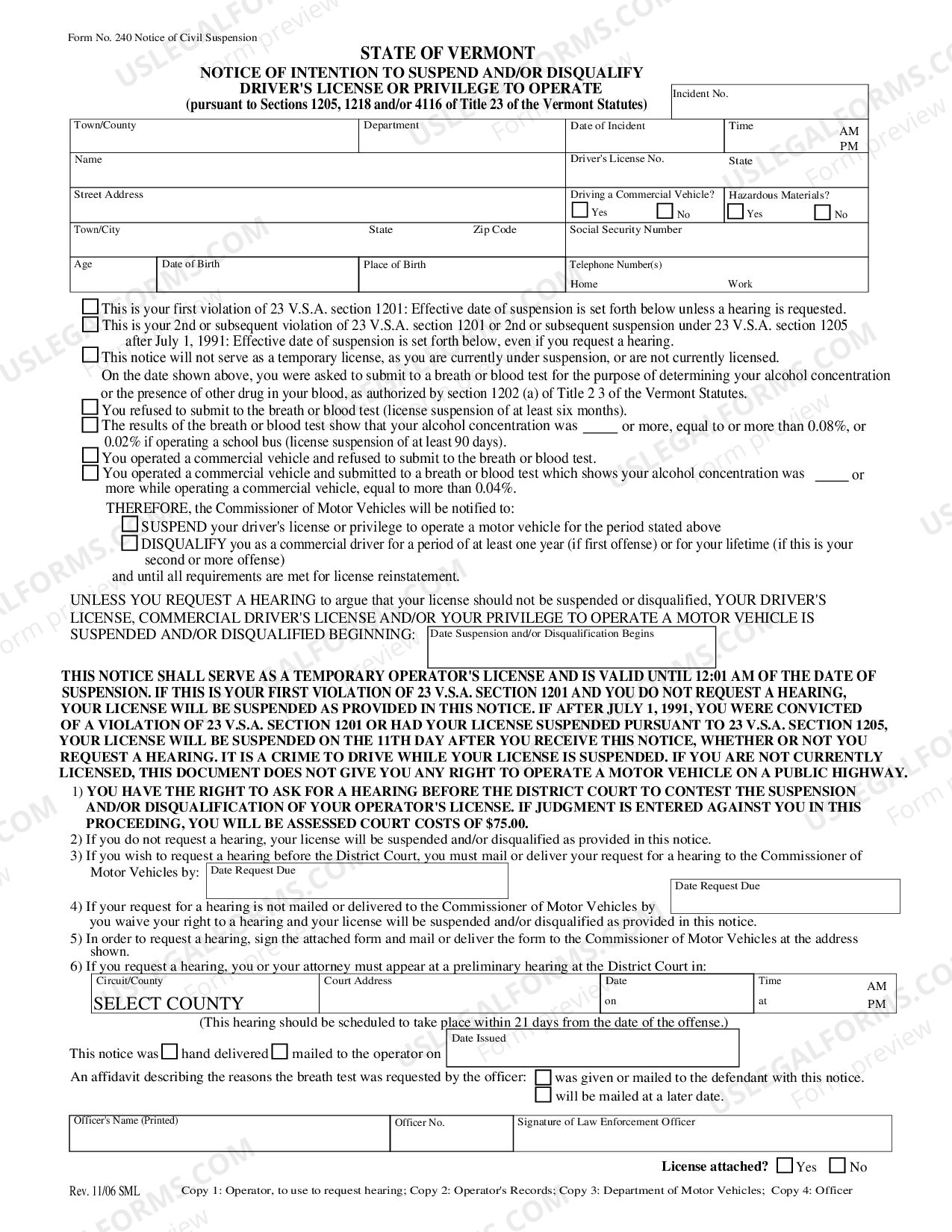 Vermont Notice of Civil Suspension Form US Legal Forms