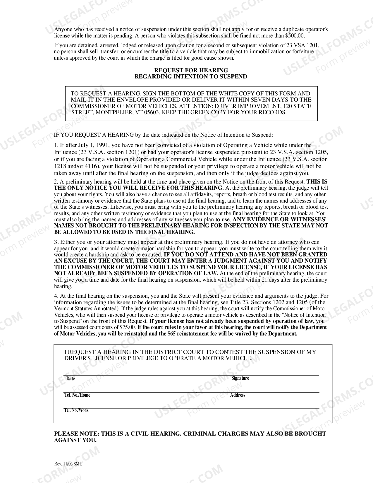 Vermont Notice of Civil Suspension Form US Legal Forms