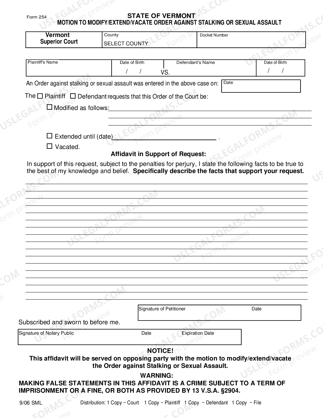 Vermont Motion to Modify / Extend / Vacate Order Against Stalking or