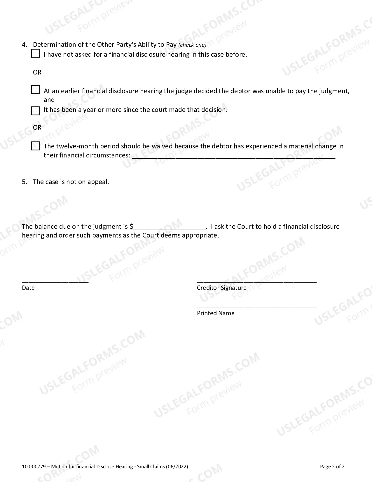 Preview Small Claims Court Motion for a Financial Disclosure Affidavit