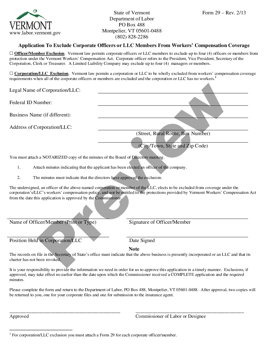 form Application for Exclusion - Workers' Compensation preview