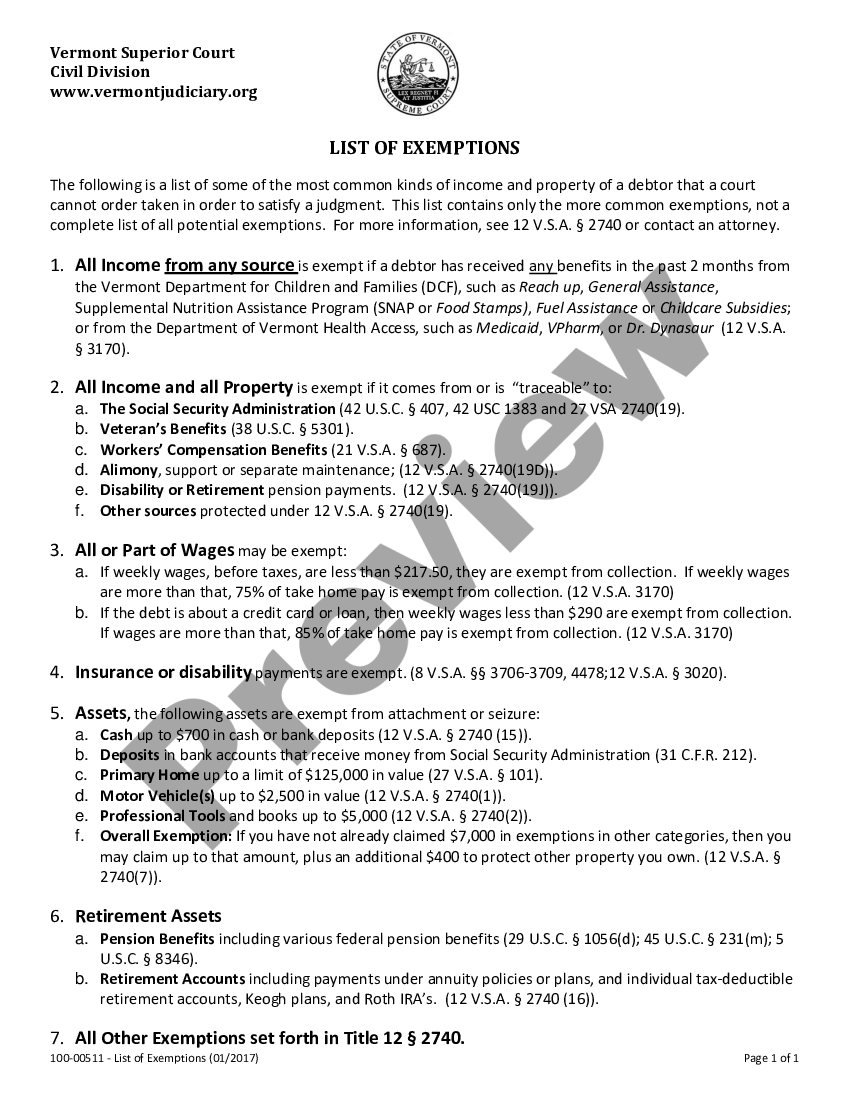 Vermont List of Exemptions US Legal Forms