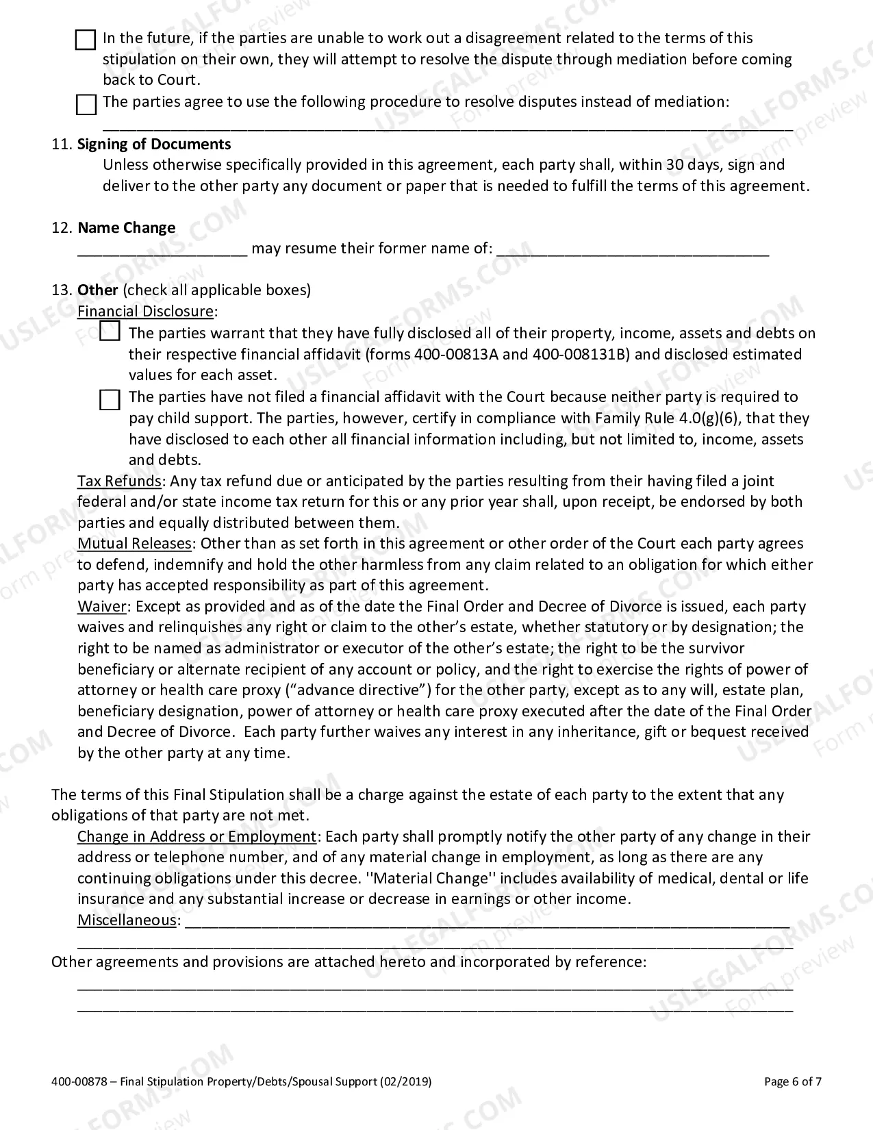 Preview Final Stipulation of Divorce and Separation Agreement