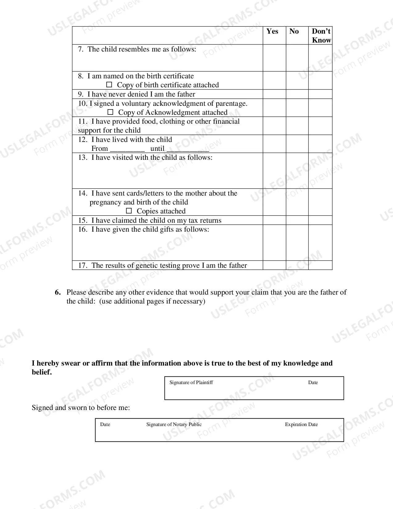 Preview Parentage Affidavit (for the father)