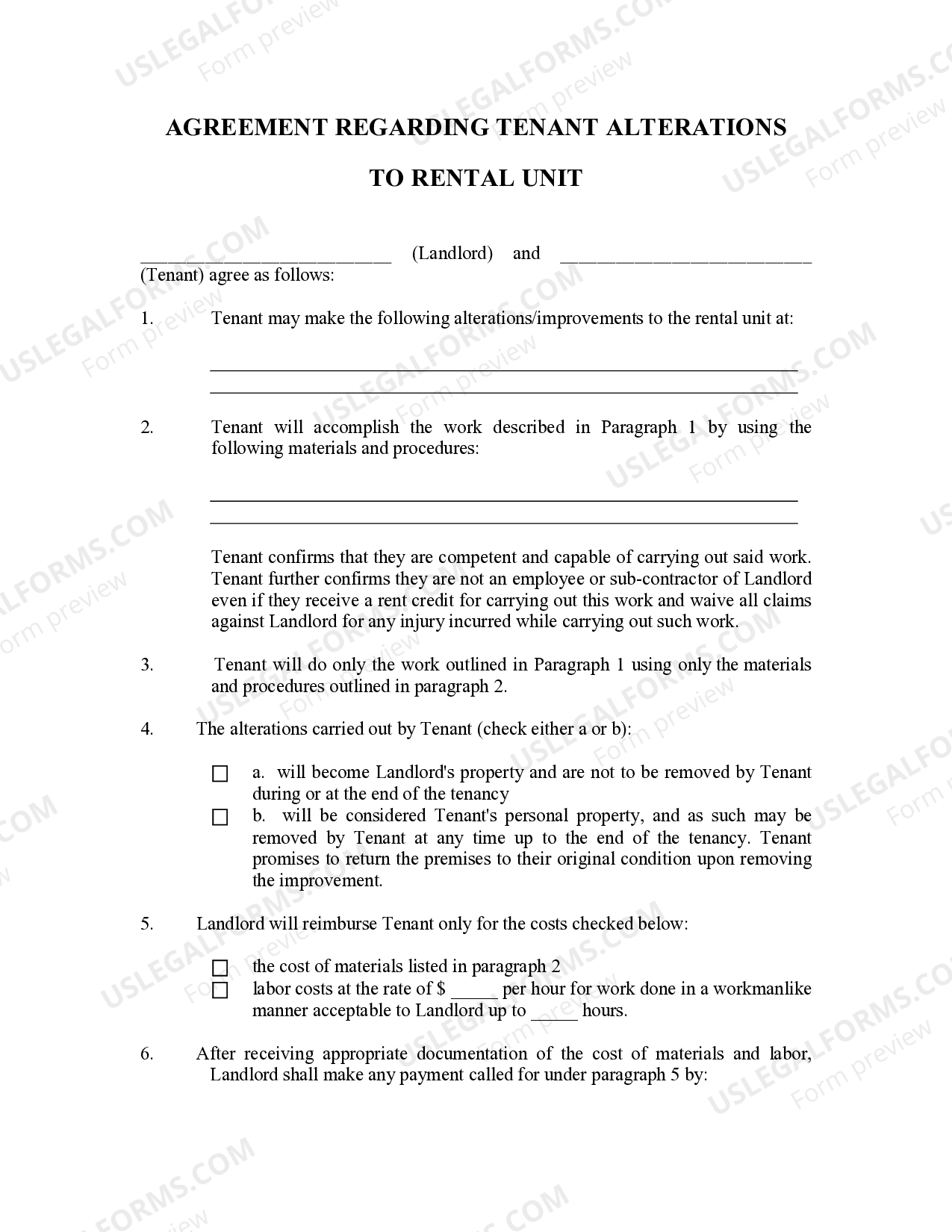 Vermont Landlord Agreement to allow Tenant Alterations to Premises US