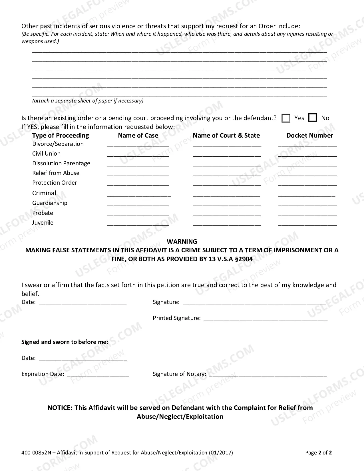 Preview Affidavit in Support of Request for Emergency Relief from Abuse / Neglect / Exploitation