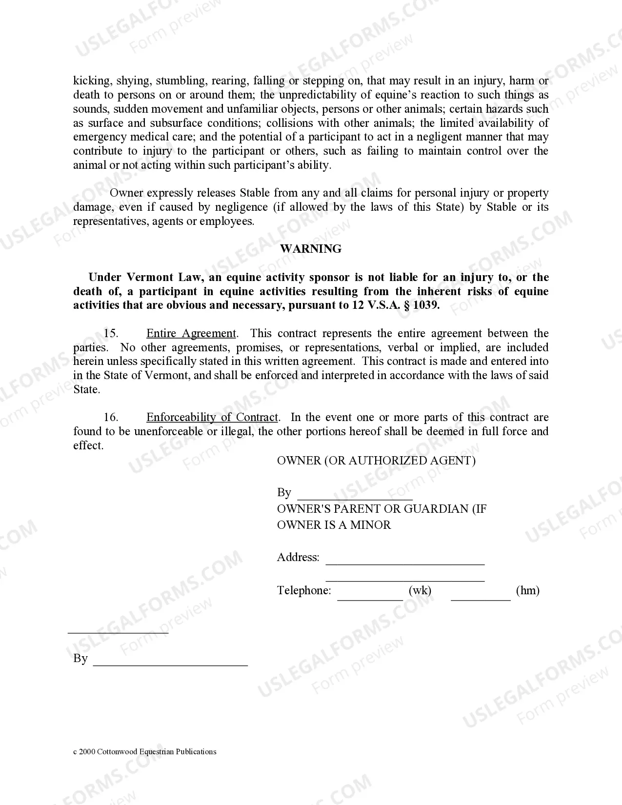 Preview Vermont Horse Equine Forms Package