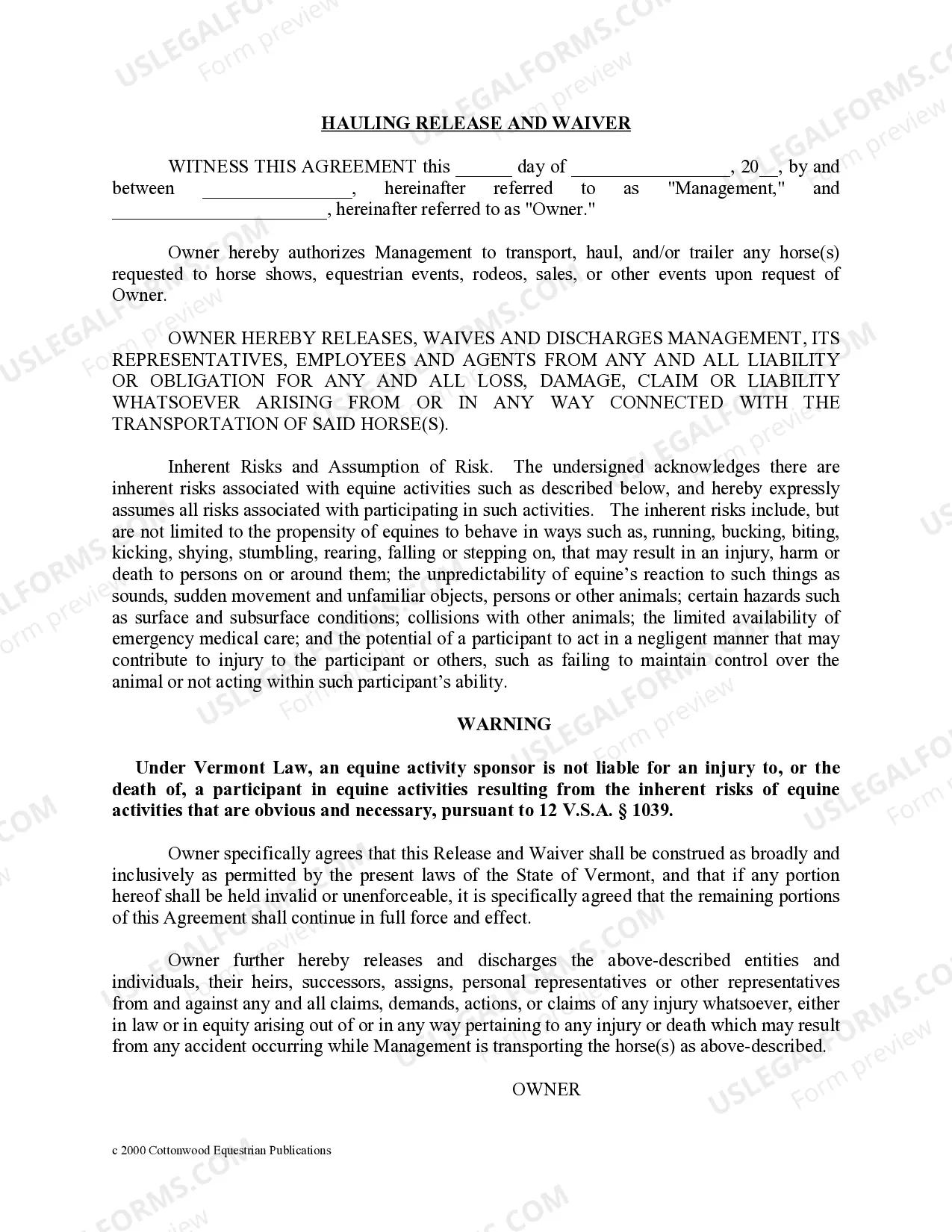 Preview Vermont Horse Equine Forms Package